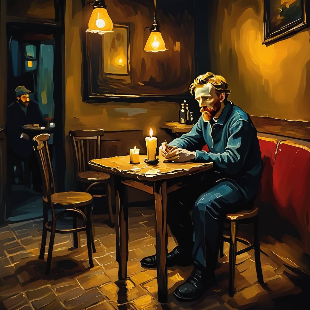 Impasto Painting of Cozy Night Cafe in Earthy Tones