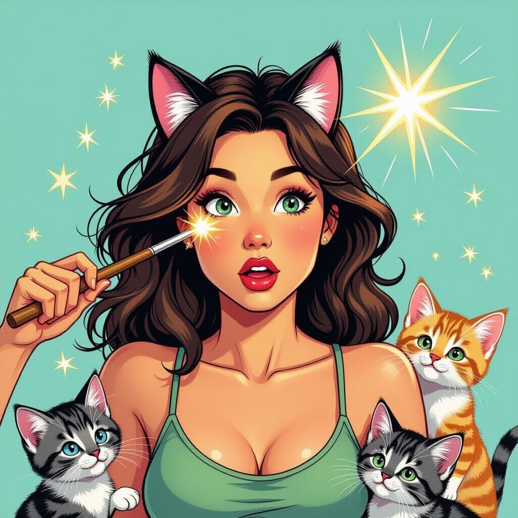 Magic Wand Grants Woman Cat Ears Amidst Kittens