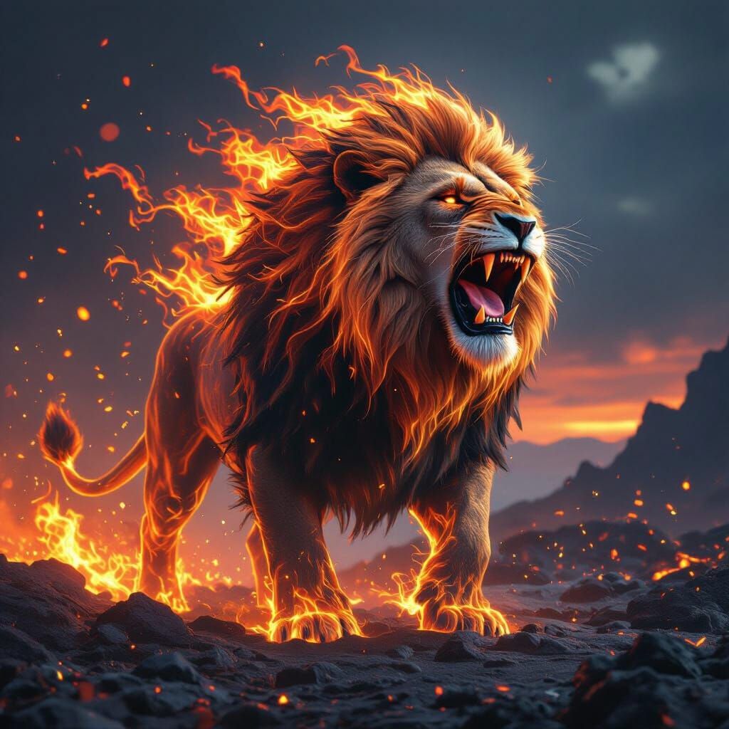 Majestic Fire Lion Roaring in Volcanic Landscape