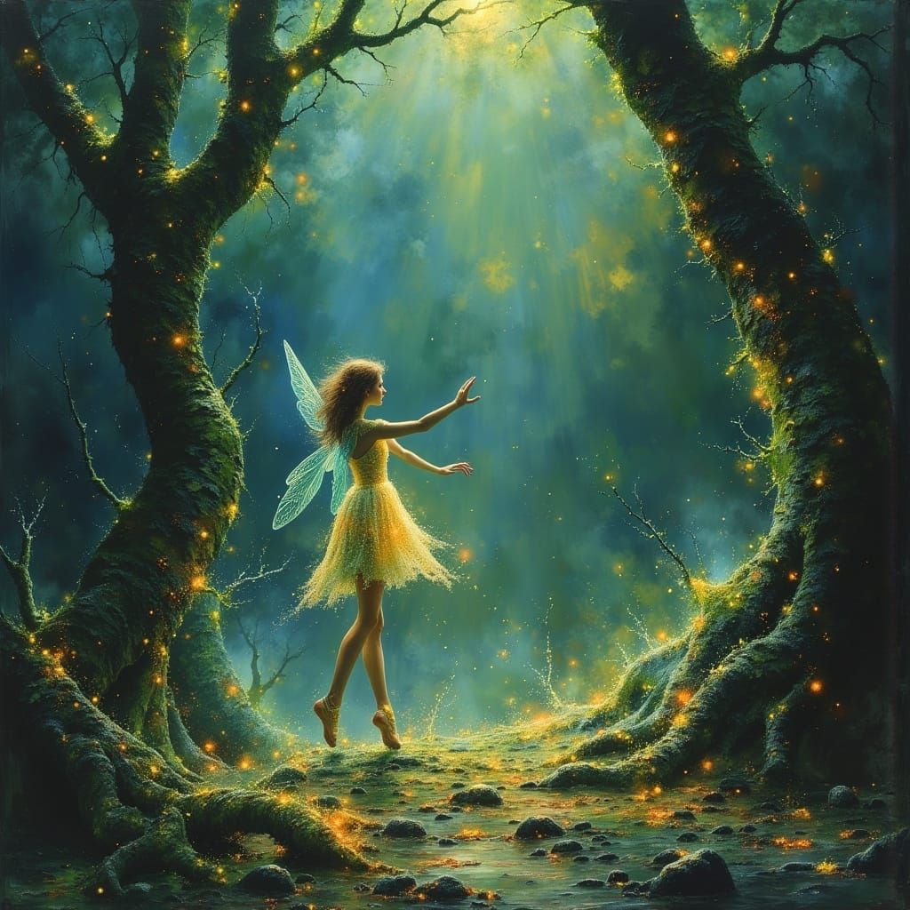 Luminous Fairies Dancing in Moonlit Forest