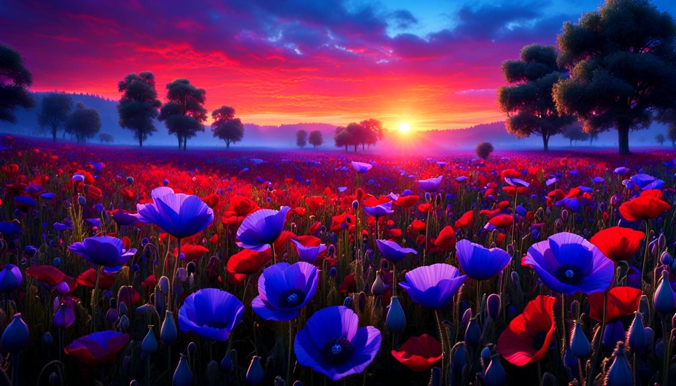 A vibrant field of blue poppies flowers, during a blazing purple sunset, using various shades of red to enhance the mood...