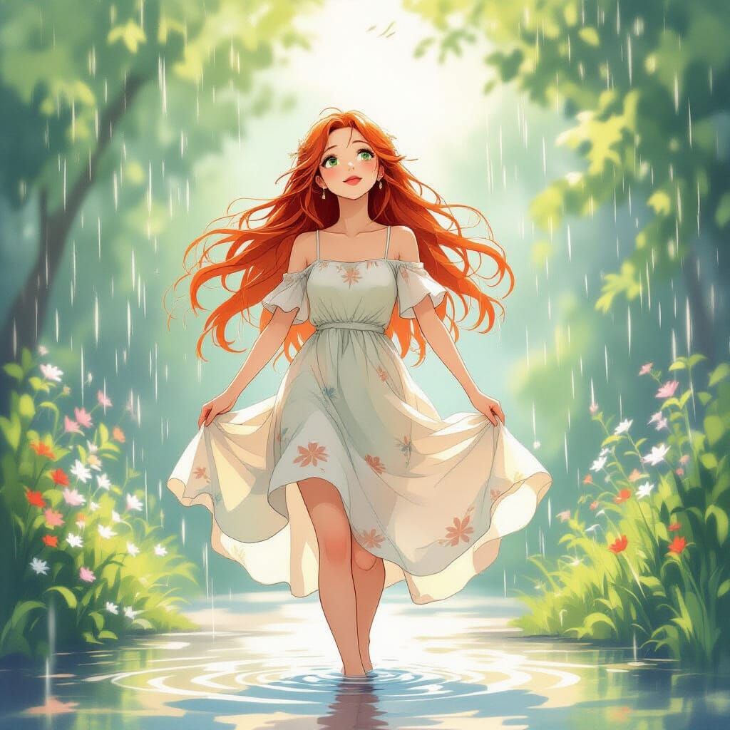 Joyful Dancer in Summer Rain, Watercolor Style