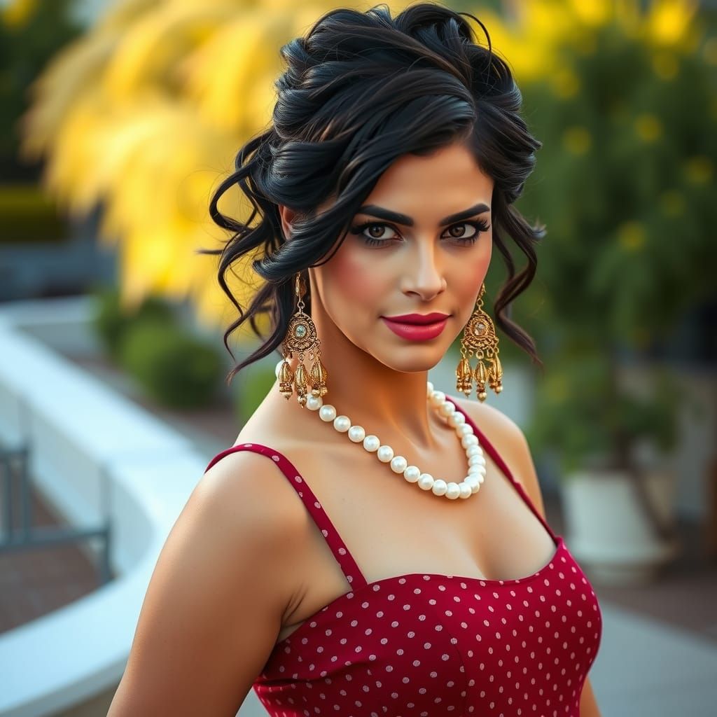 Confident Woman in Red Dress with Pearl Necklace