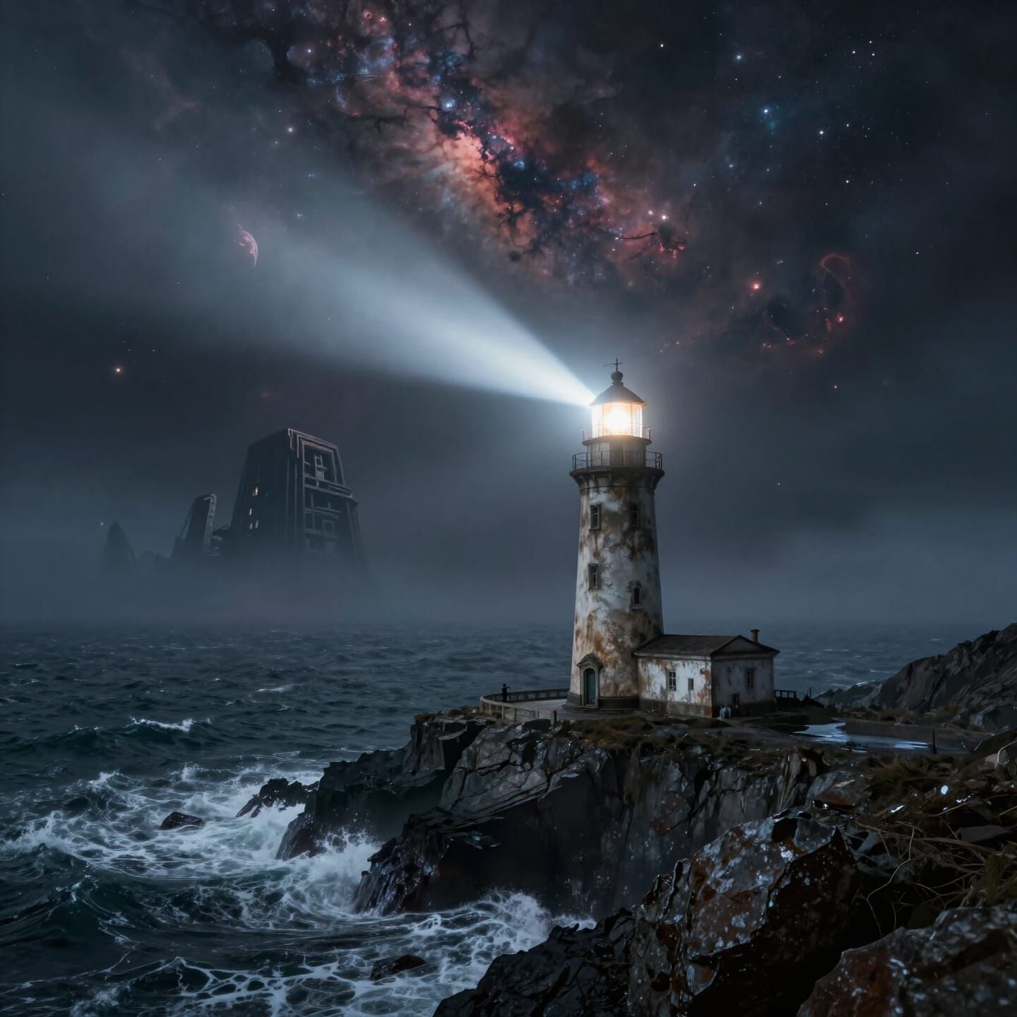 Isolated Lighthouse on Alien Ocean with Nebulae Sky