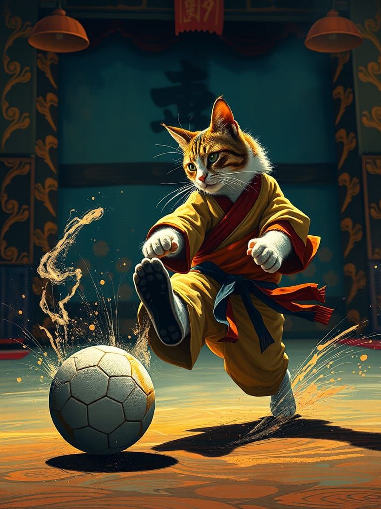 Martial Arts Cat Kick in Crackle Art Style