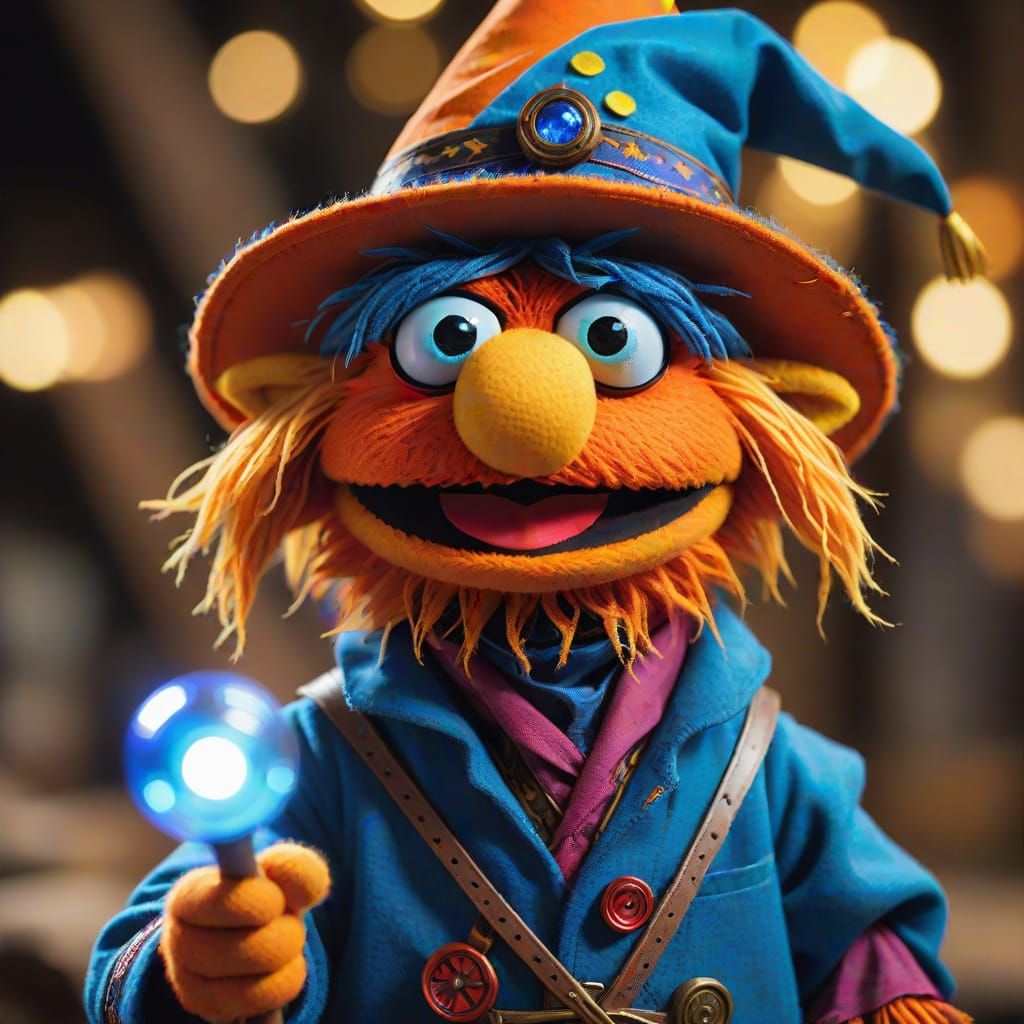 Cosmic Muppet Wizard with Glowing Golden Eyes