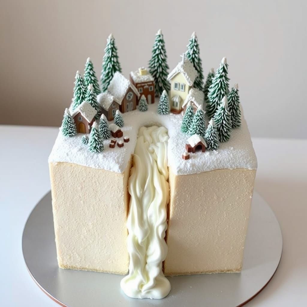 Winter Village Cake with Cream Waterfall