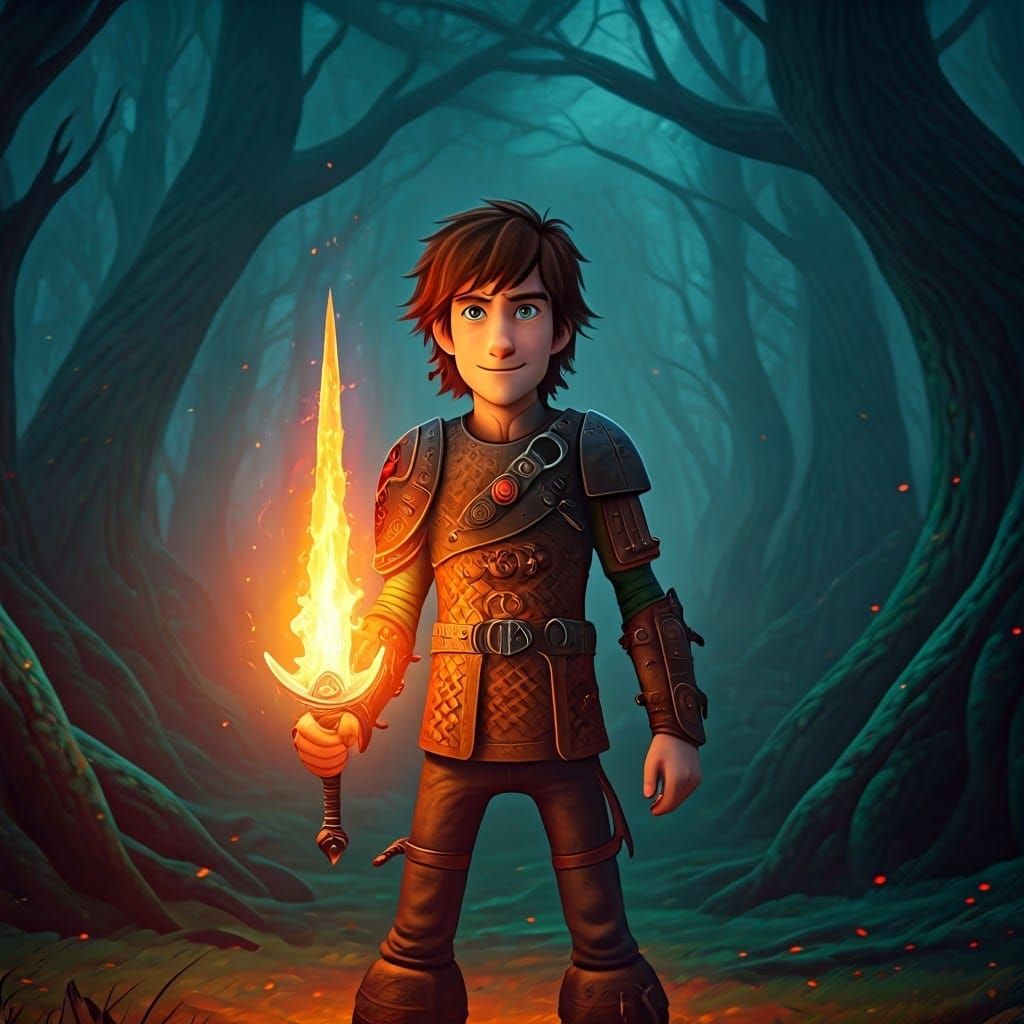 Heroic Figure Wields Fiery Blade in Fantasy Landscape