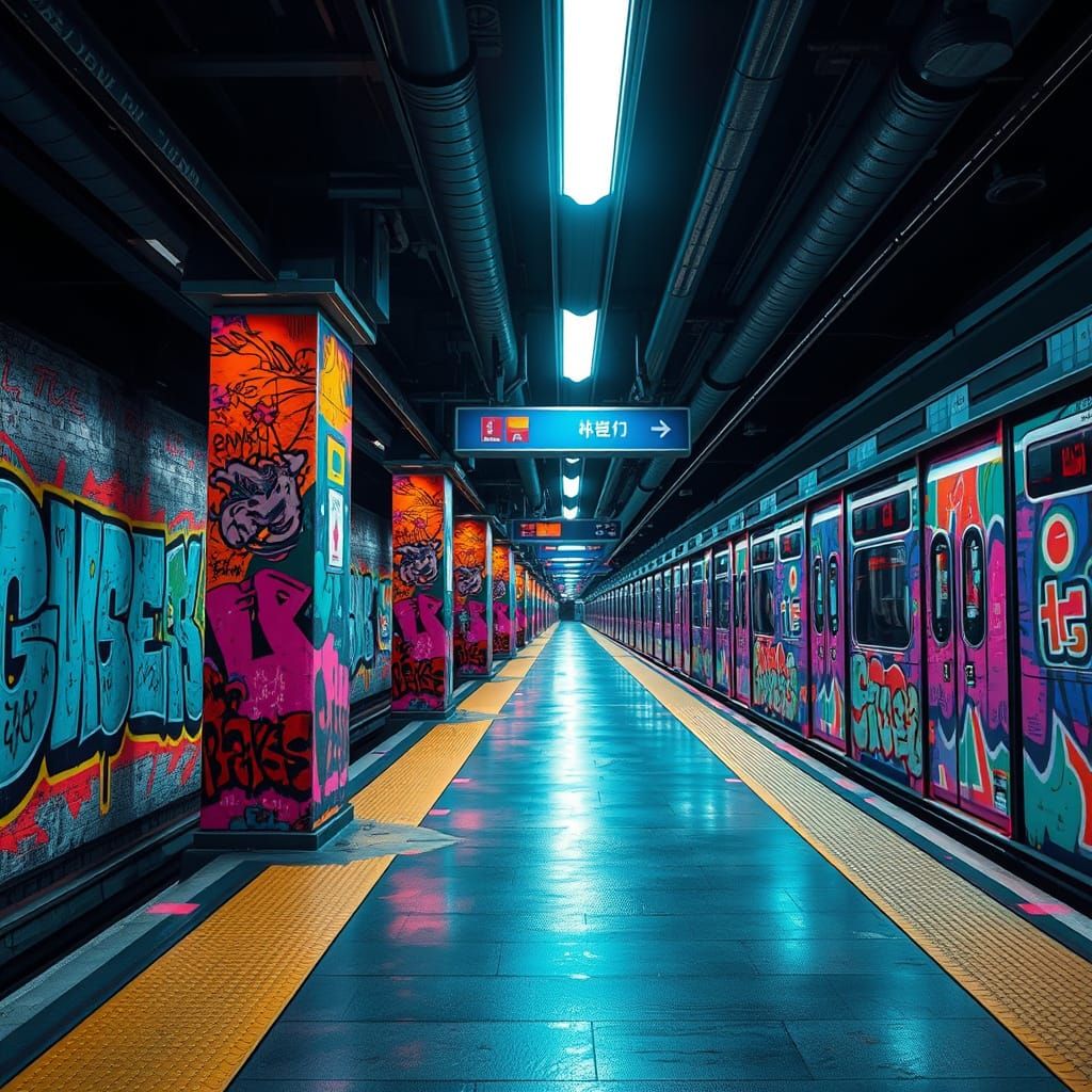 Surreal Futuristic Metro Station at Night in Bold, Vibrant C...