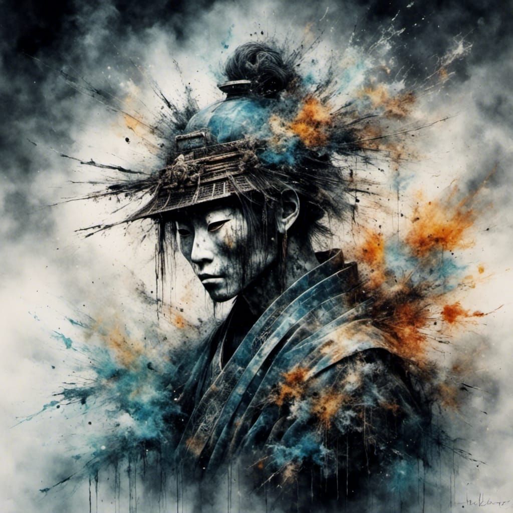 Ethereal Ghost Samurai Apparition in Water-Ink Style