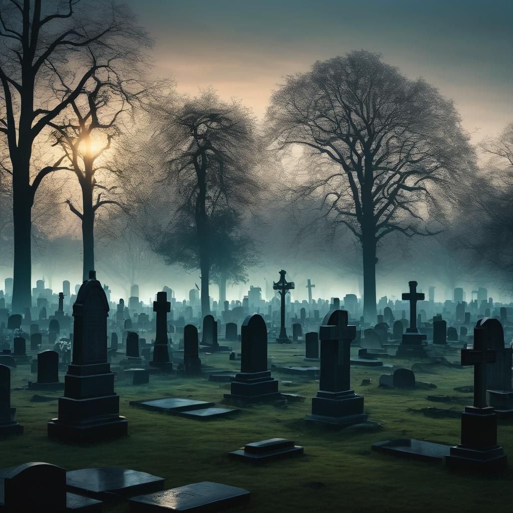 Cemetery at Dusk with Fog, Hyperrealistic Digital Art