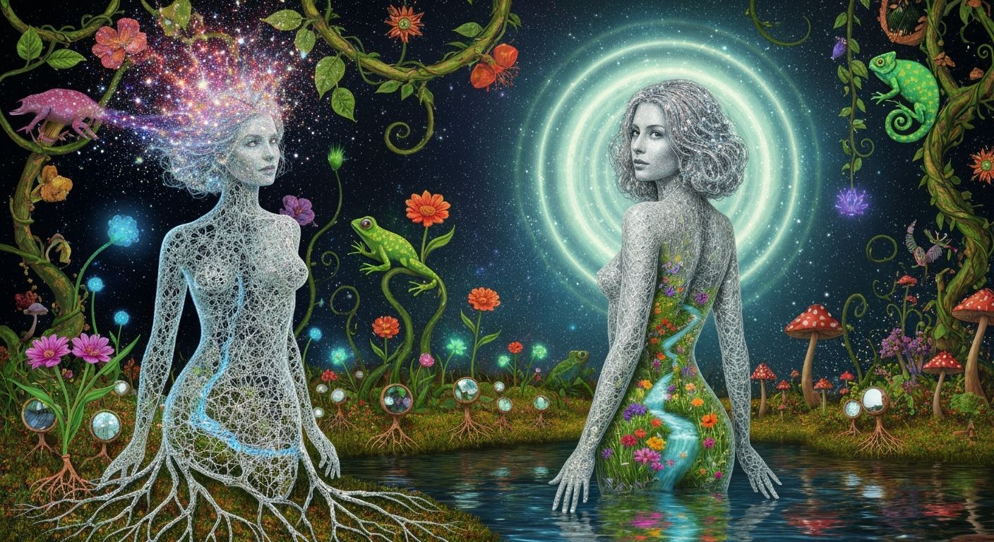 Cosmic Woman in Surreal Garden
