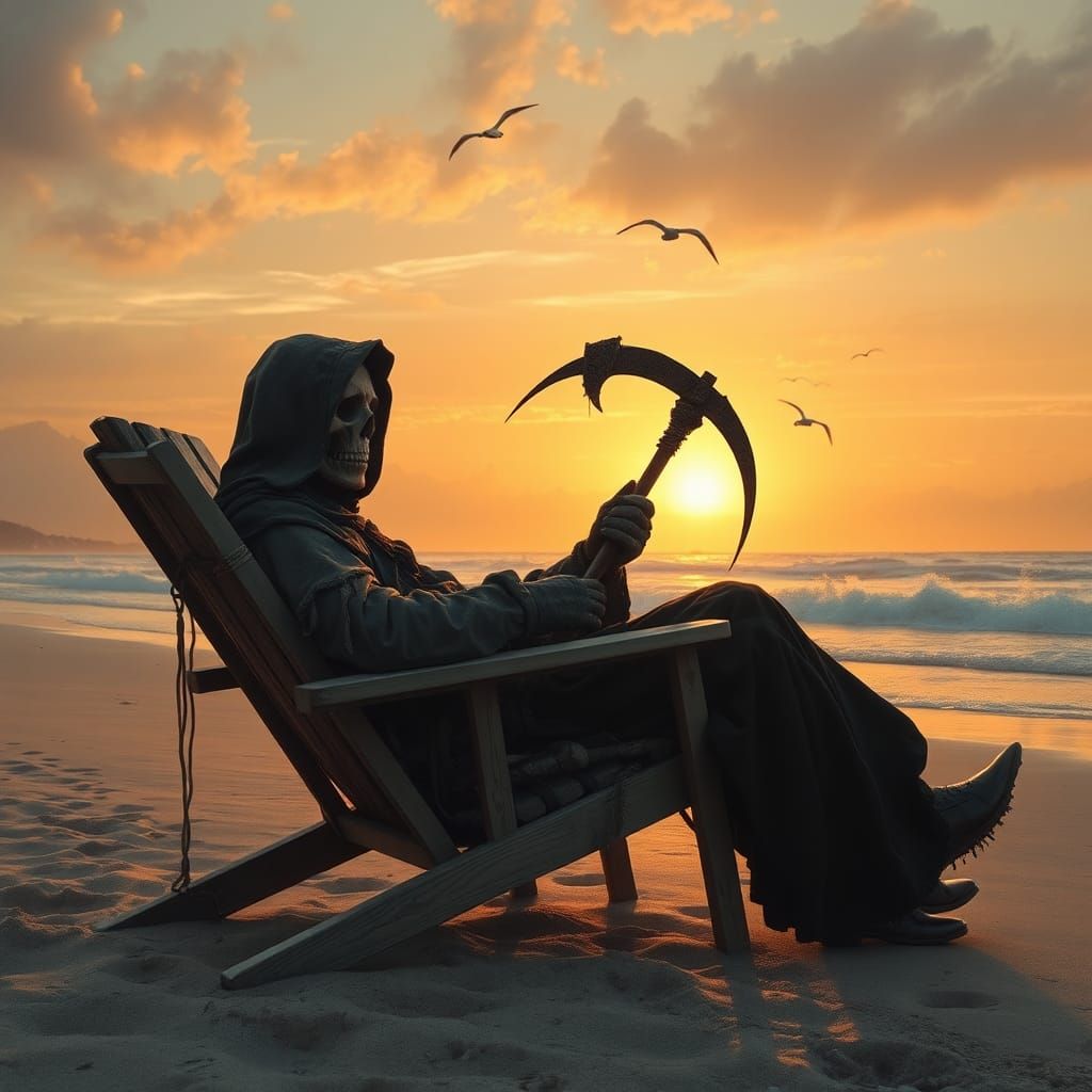 Grim Reaper Sunbathing on Beach in Surreal Style