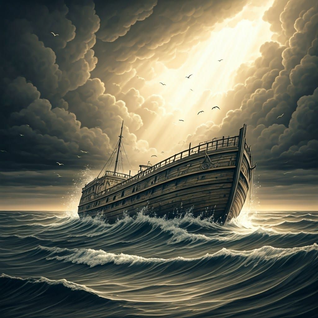 Ship Drifting in Stormy Sea: Hand-Drawn Pencil Sketch