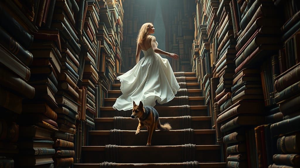 Woman and Dog Ascend Book Staircase in Dreamlike Realism