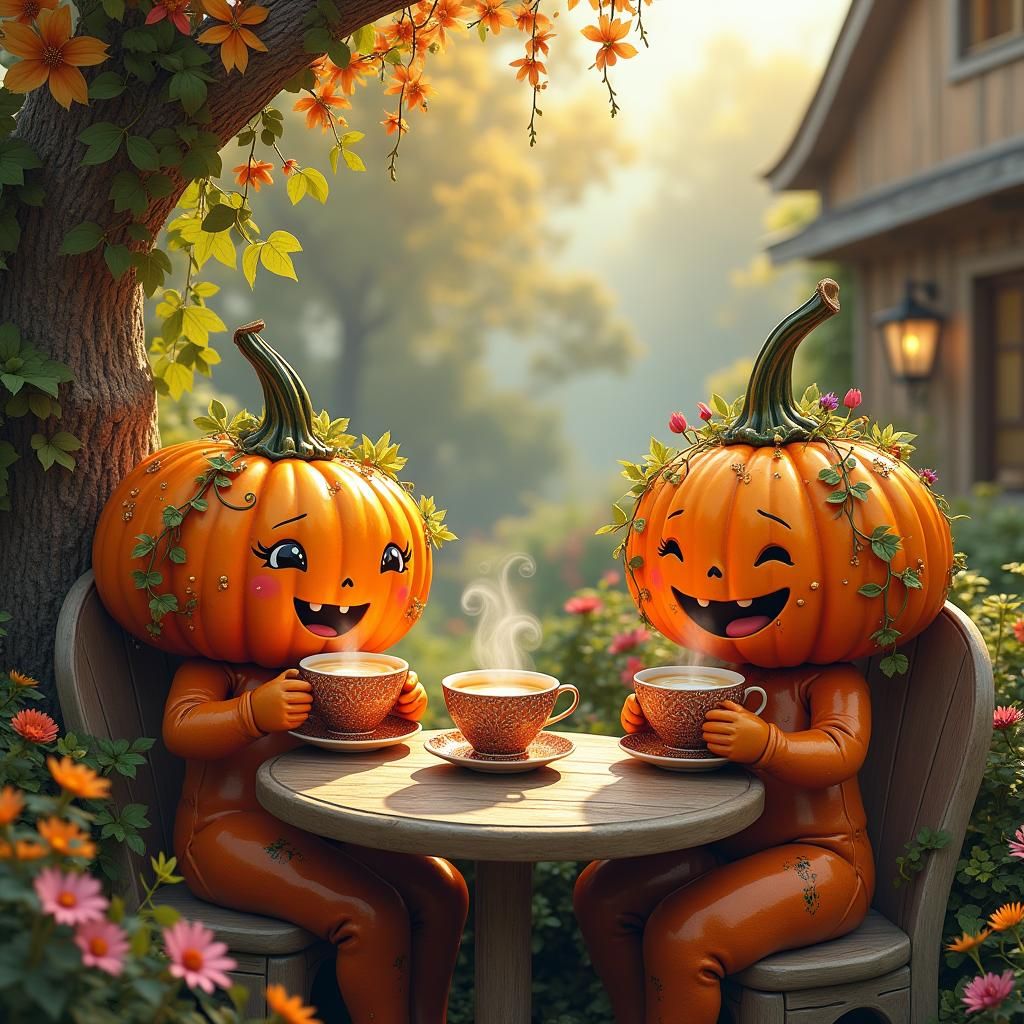 Anthropomorphic Pumpkins Enjoying Lattes in Whimsical Villag...