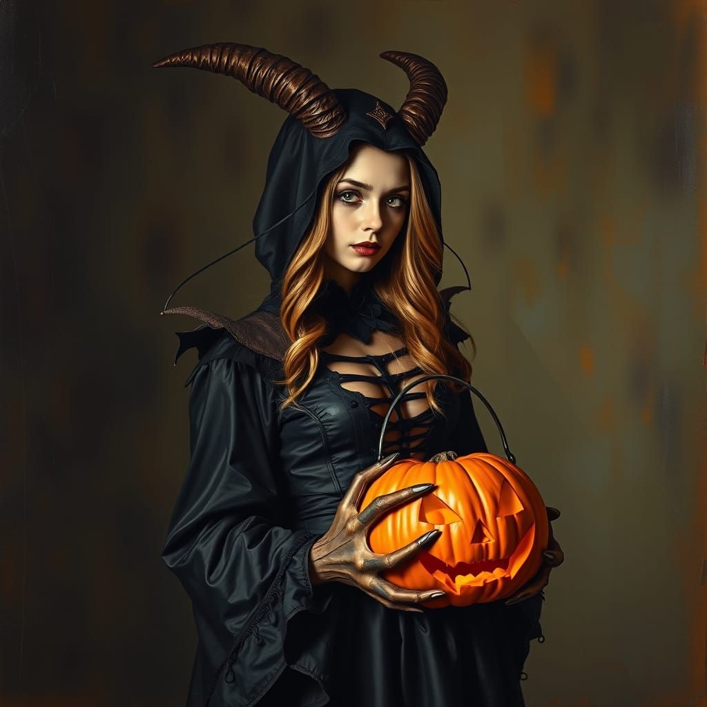 Demoniac Halloween Costume with Pumpkin Basket