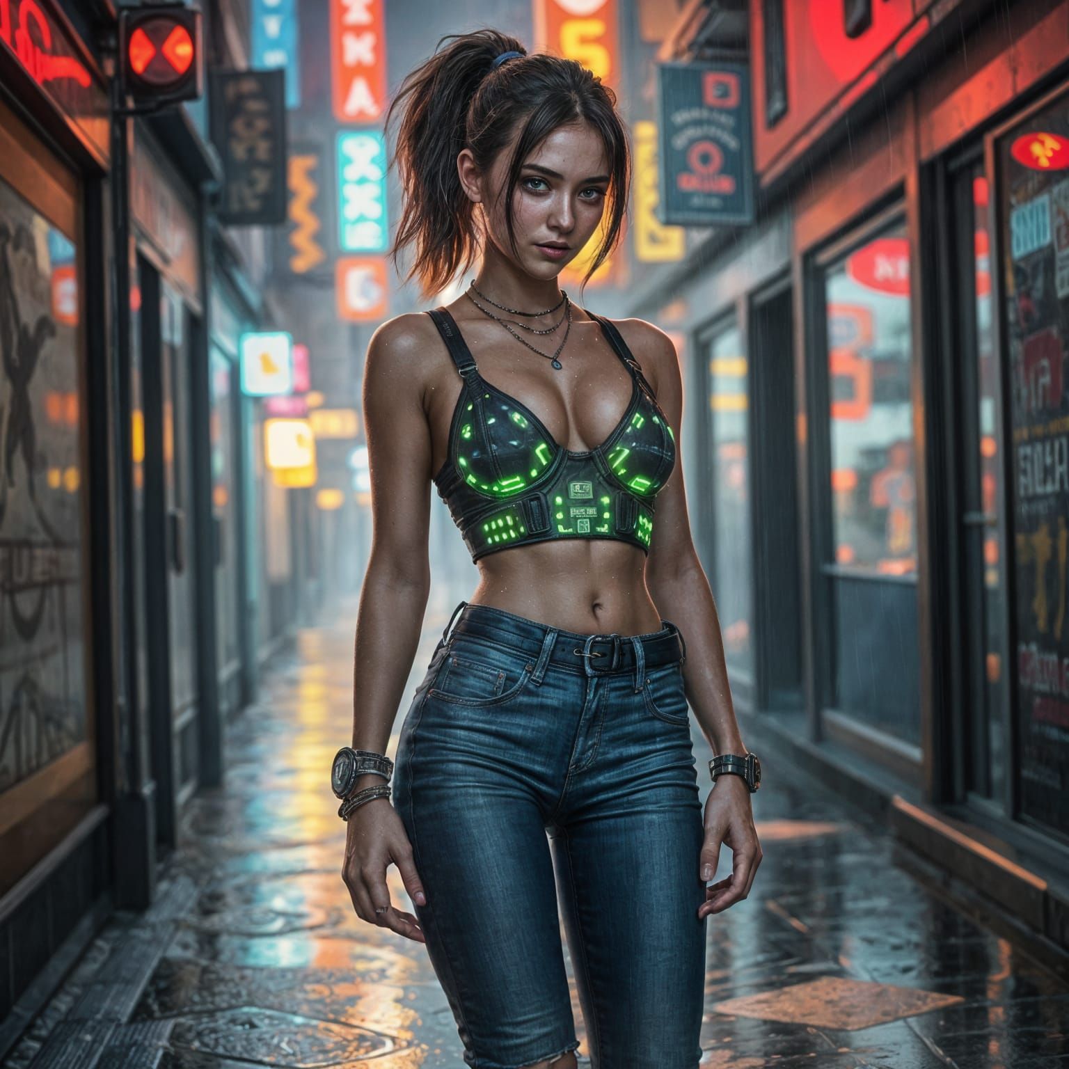 Cyberpunk Vampire Woman in Neon Alleyway