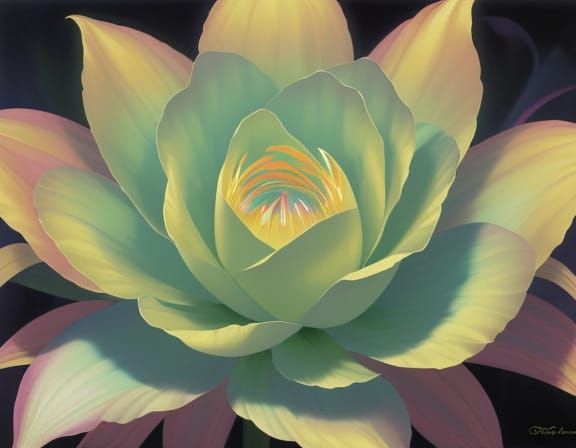Iridescent Flower Glows in Surreal Aura, Oil Painting