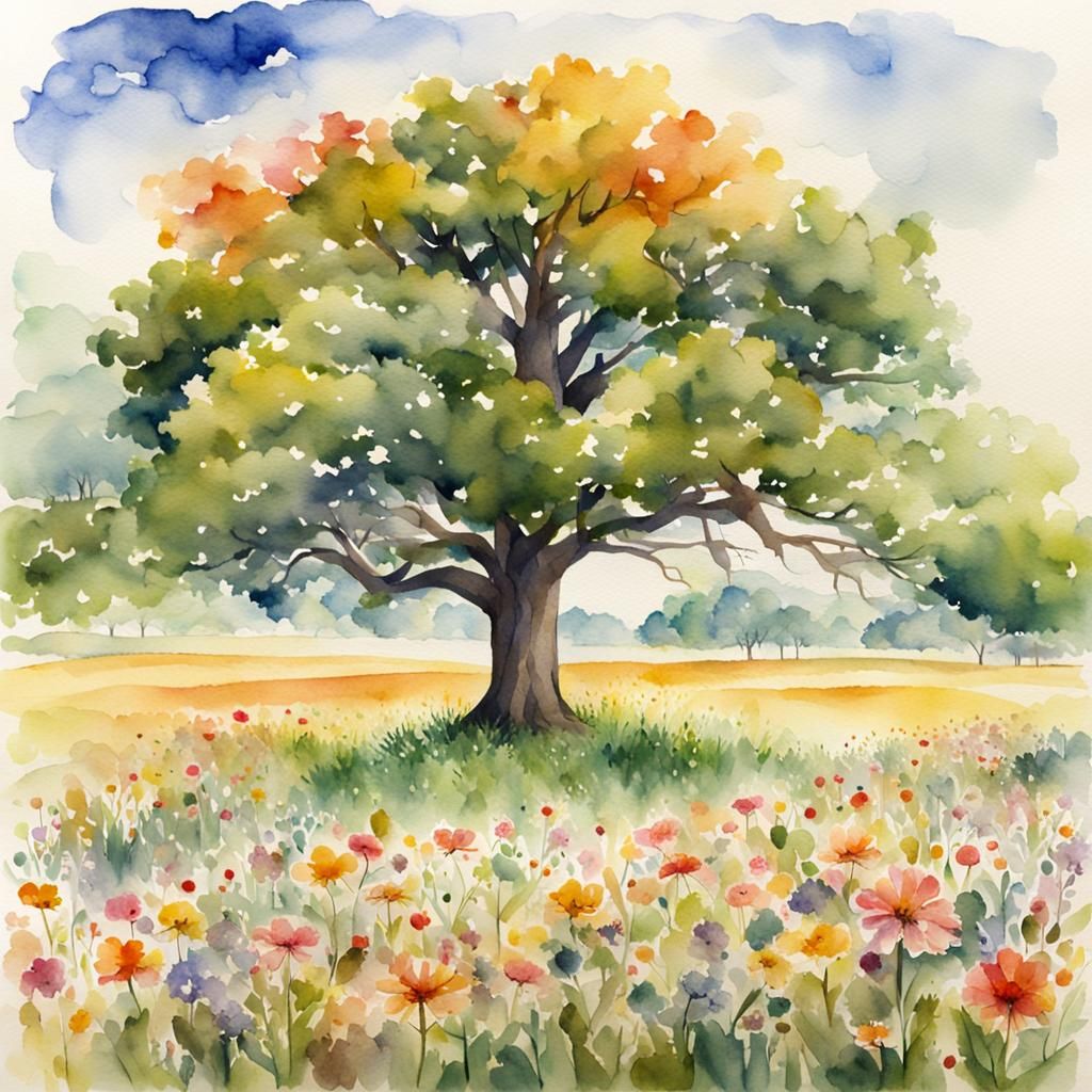 Watercolor Oak Tree Amidst Floral Meadow