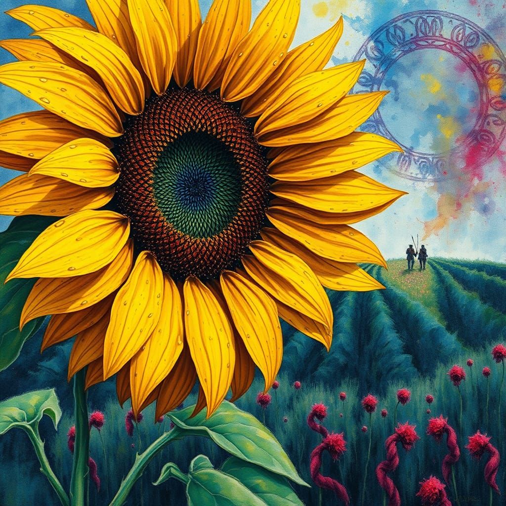 Vibrant Sunflower with Distant War Scene as Impasto Painting