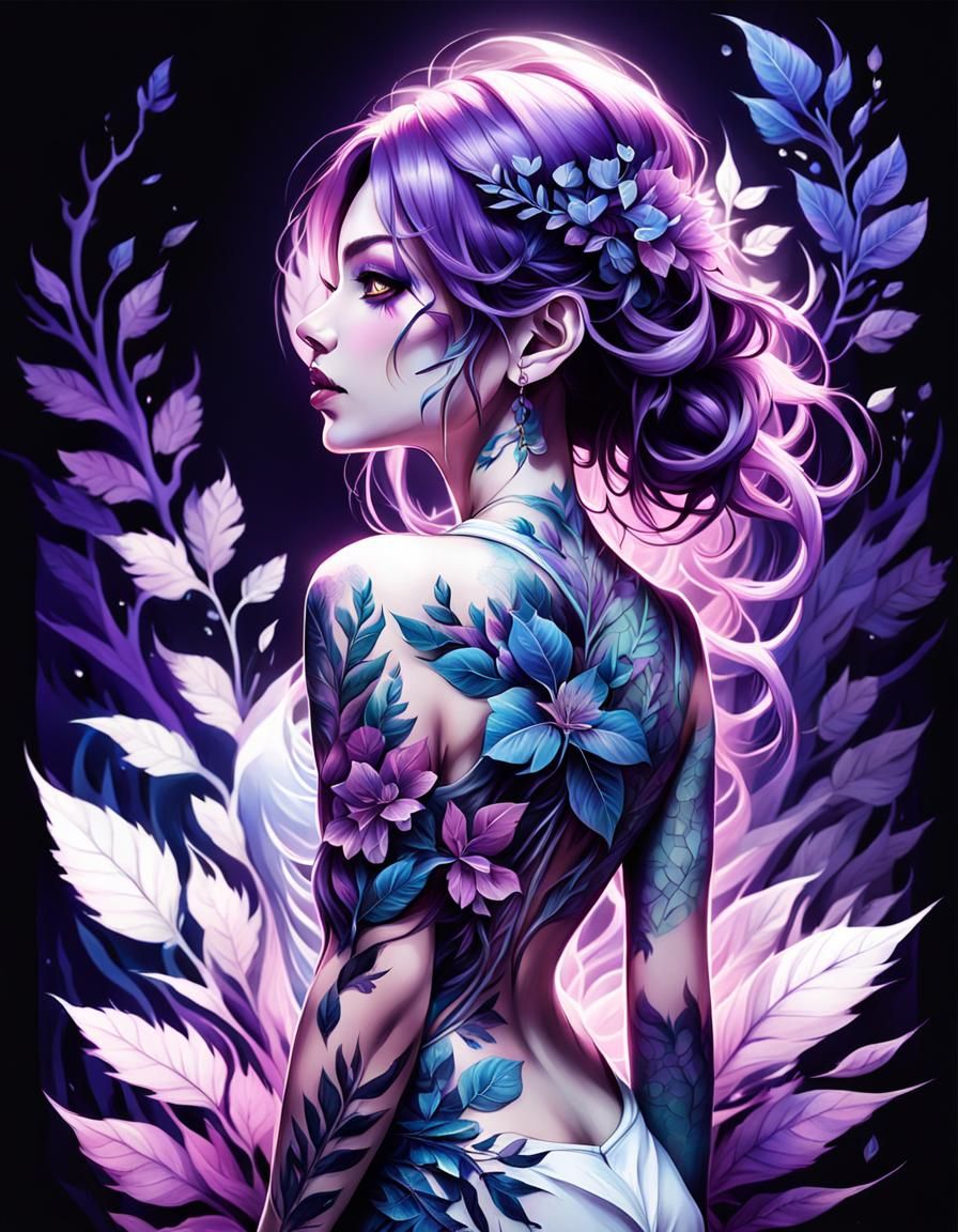 Anime Girl with Botanical Tattoo in Fine Art Realism