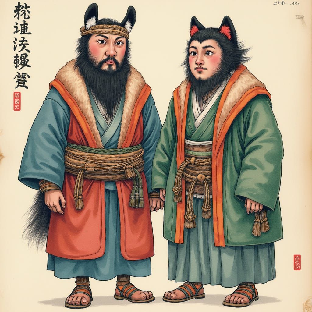 Vintage Hokkaido Ainu Illustration in Watercolor Style