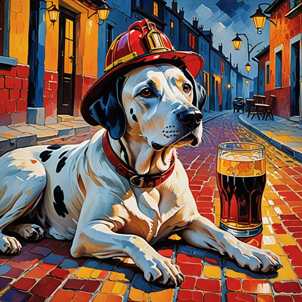 Vibrant Neo-Expressionist Dalmatian Dog Firefighter in a Mom...