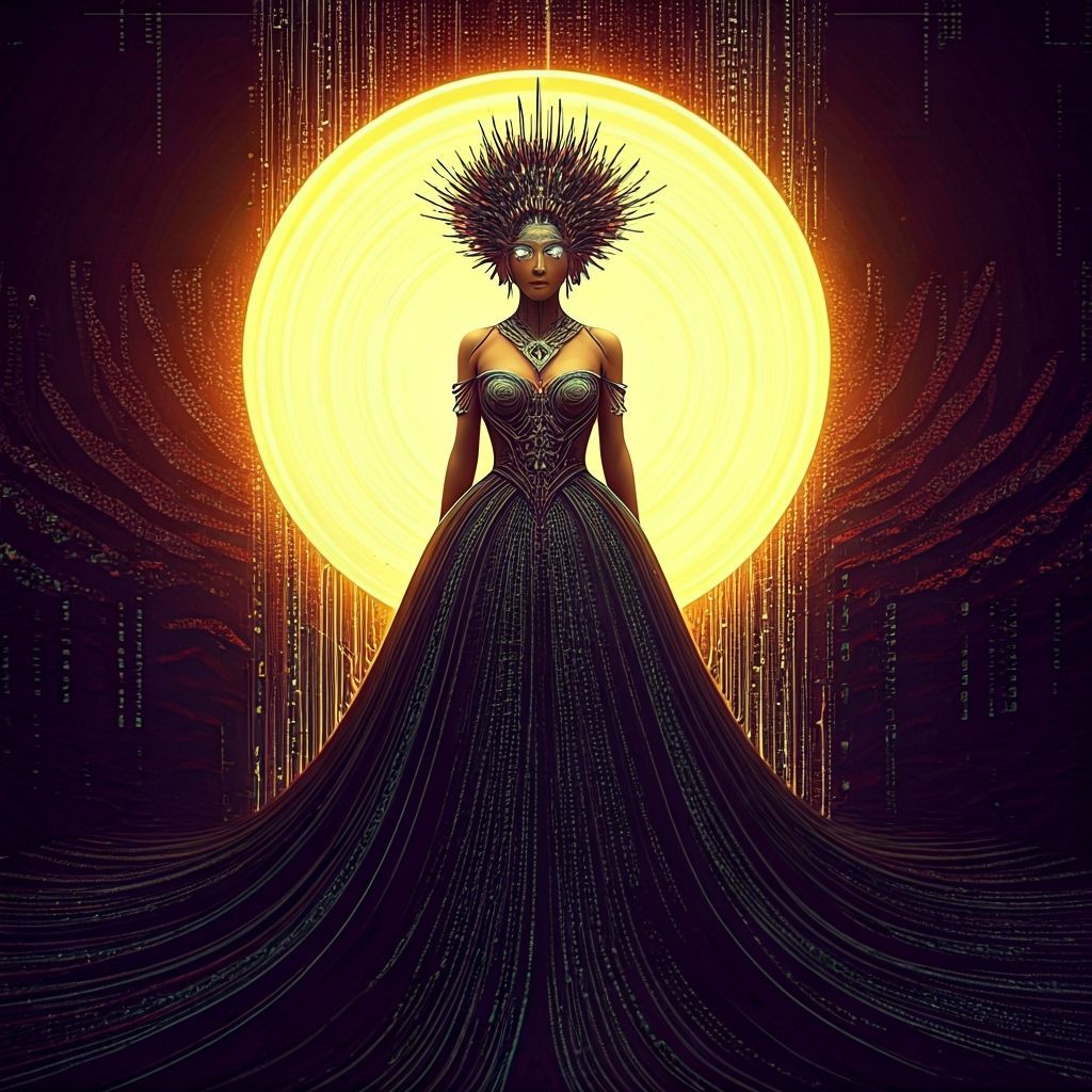 Digital Enchantress in Flowing Binary Code Gown