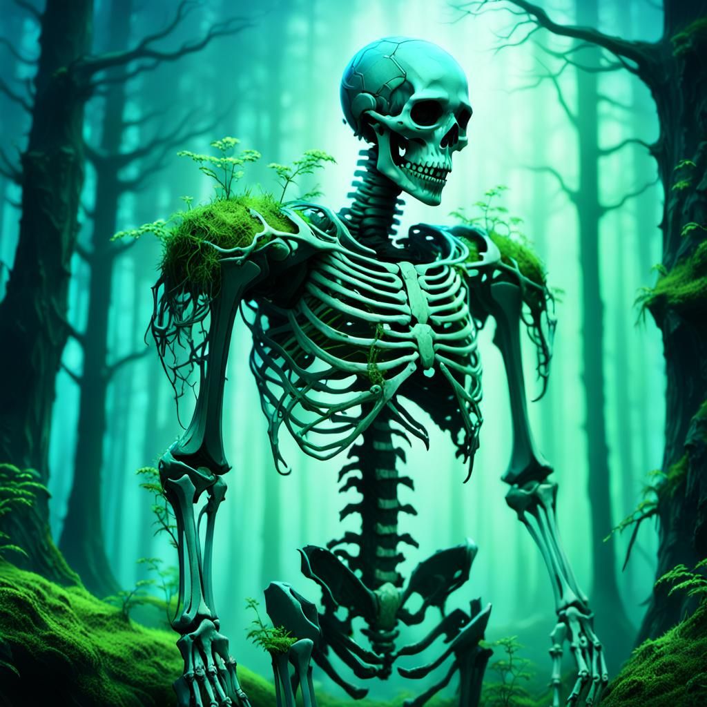 Armored Skeleton in Mystical Forest, Anime-Inspired 3D Art