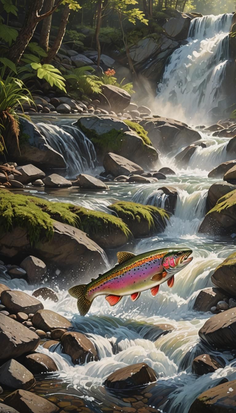 Rainbow Trout Ascending Waterfall in Hyperrealistic Style