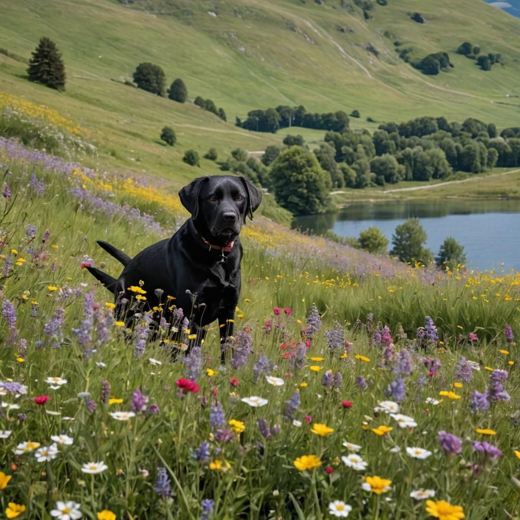 Black Labrador in Wildflower Field by Lake