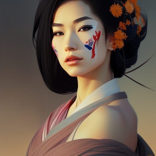 Detailed Geisha Portrait in Art Nouveau Style
