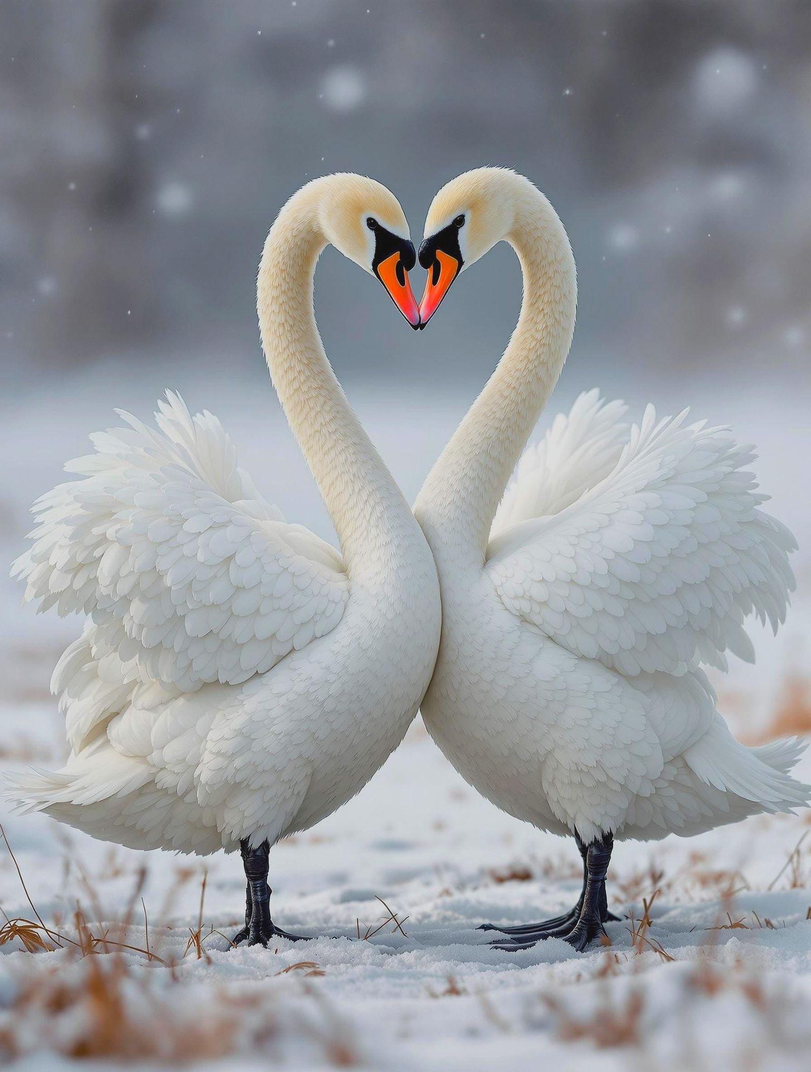 "A close-up view of a snowy landscape, with a pair of swans ...