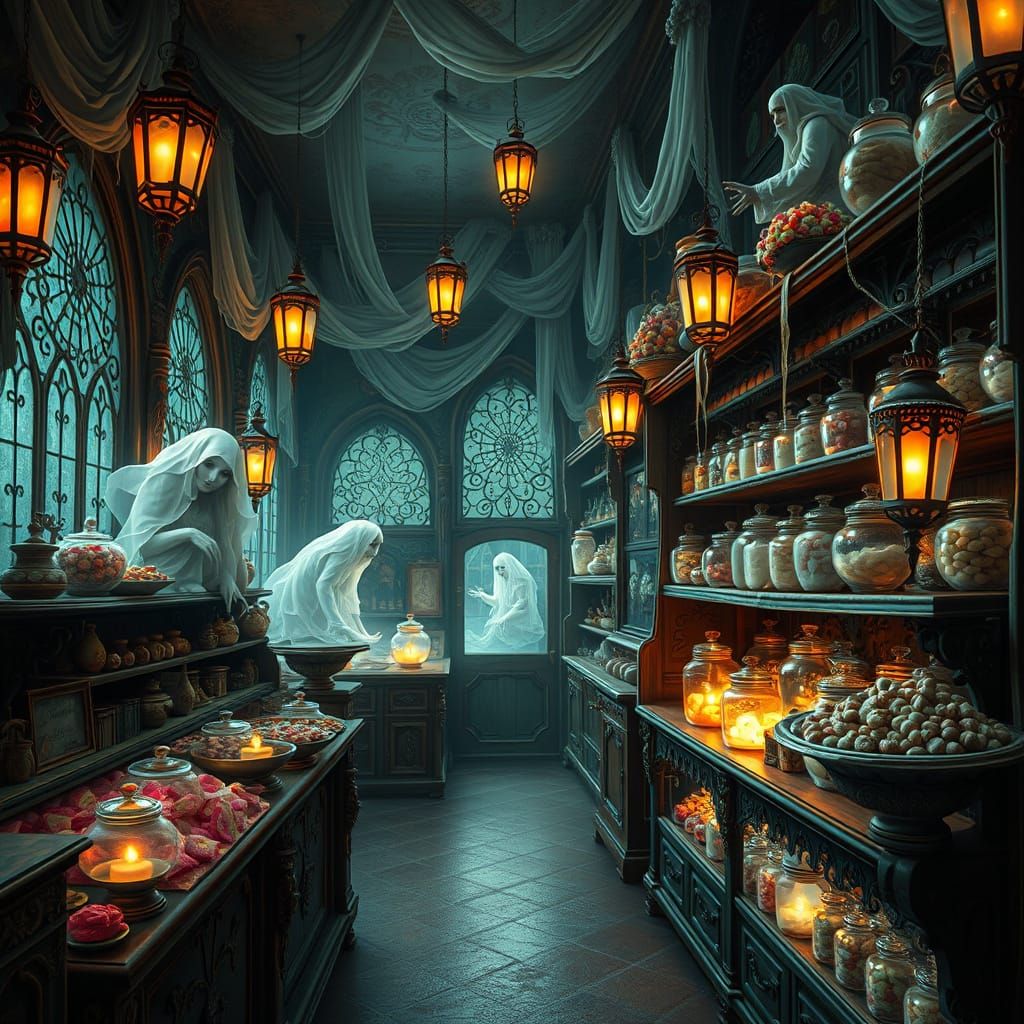 Haunted Fairytale Candy Shop with Ethereal Ghosts