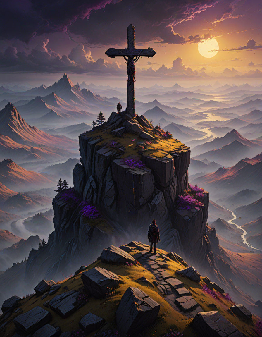 Ethereal Cross on Deserted Mountain Peak in Dramatic Lightin...