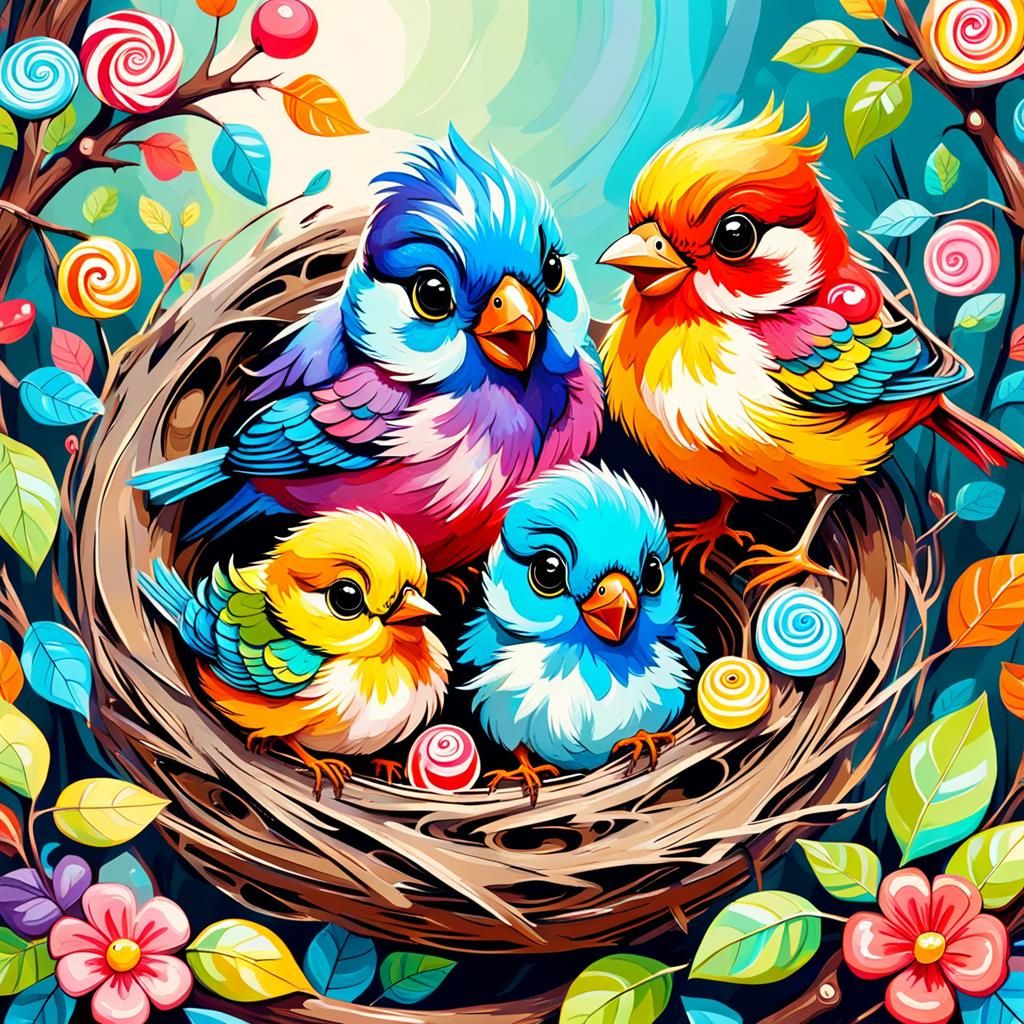 Baby Birds in Nest: Candyland Gouache Art