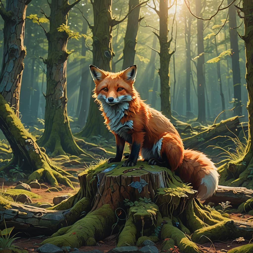Red Fox in Sunlit Forest, Fantasy Art
