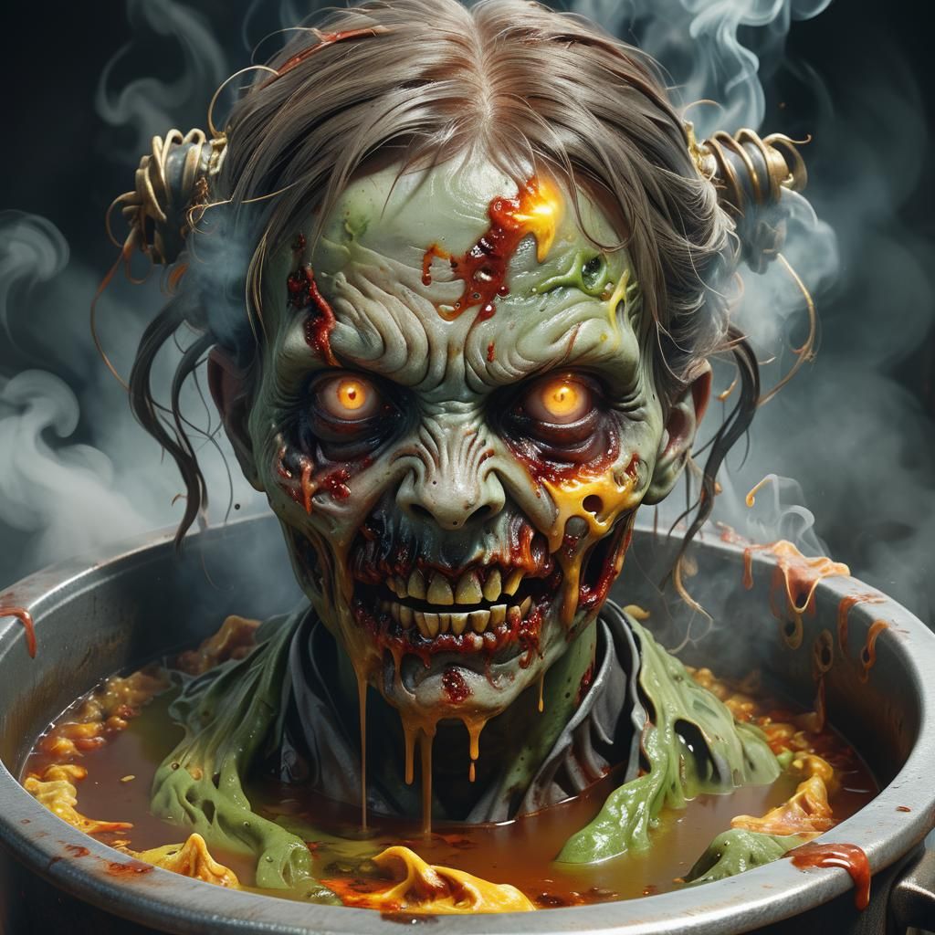 Zombified Woman Rising from Oozing Soup Pot