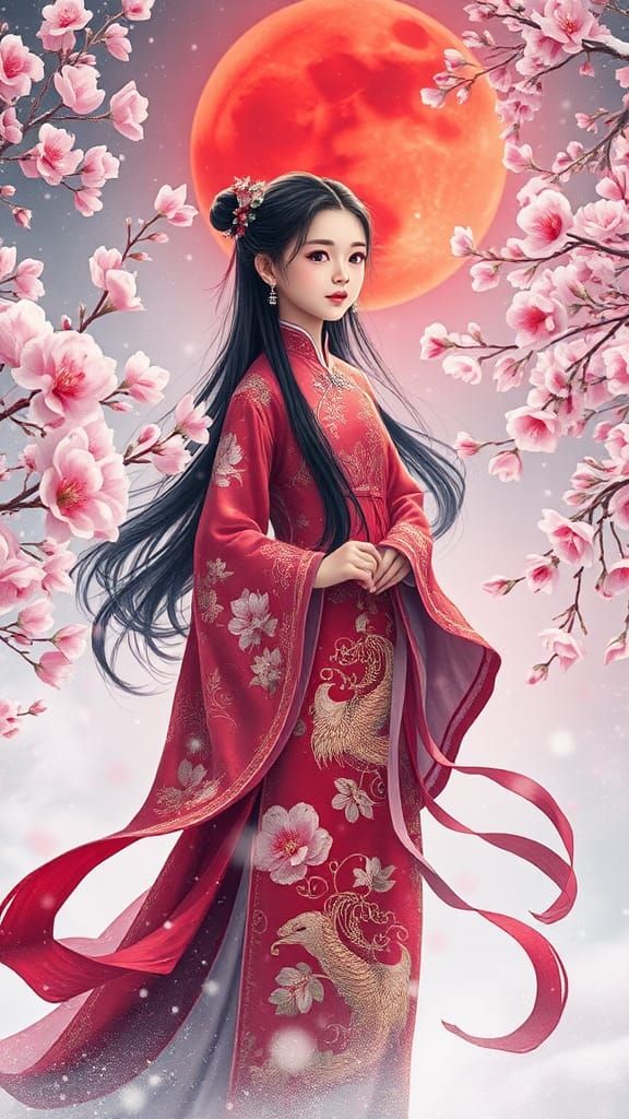 Girl in Guzhuang Dress Under Red Moon