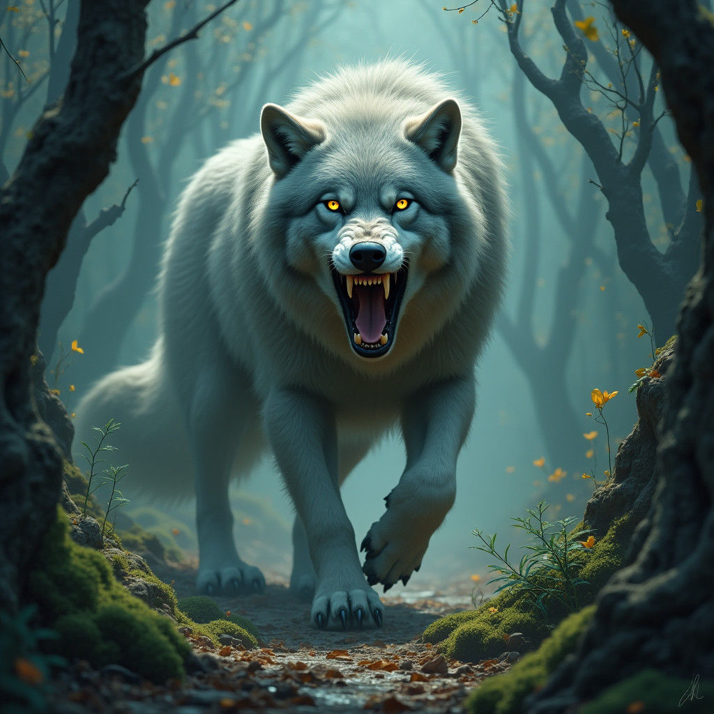 Furious Alpha Wolf Roaring in Ancient Forest