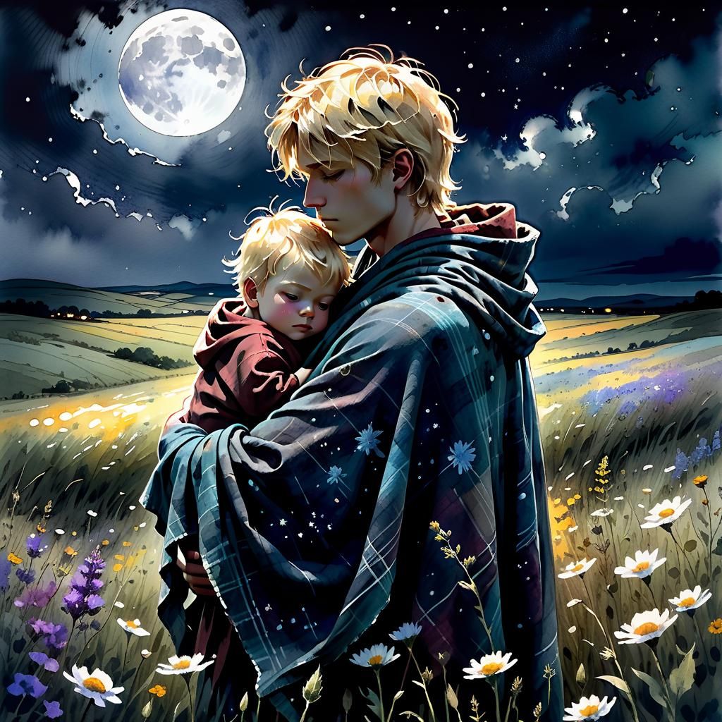 Moonlit Silhouette: Boy with Baby in Watercolor