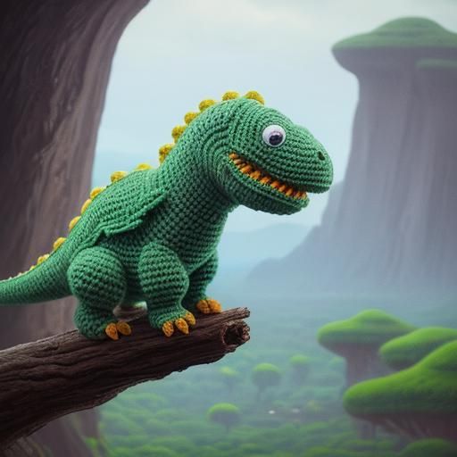Crocheted Dinosaur in Miyazaki-Inspired Digital Painting