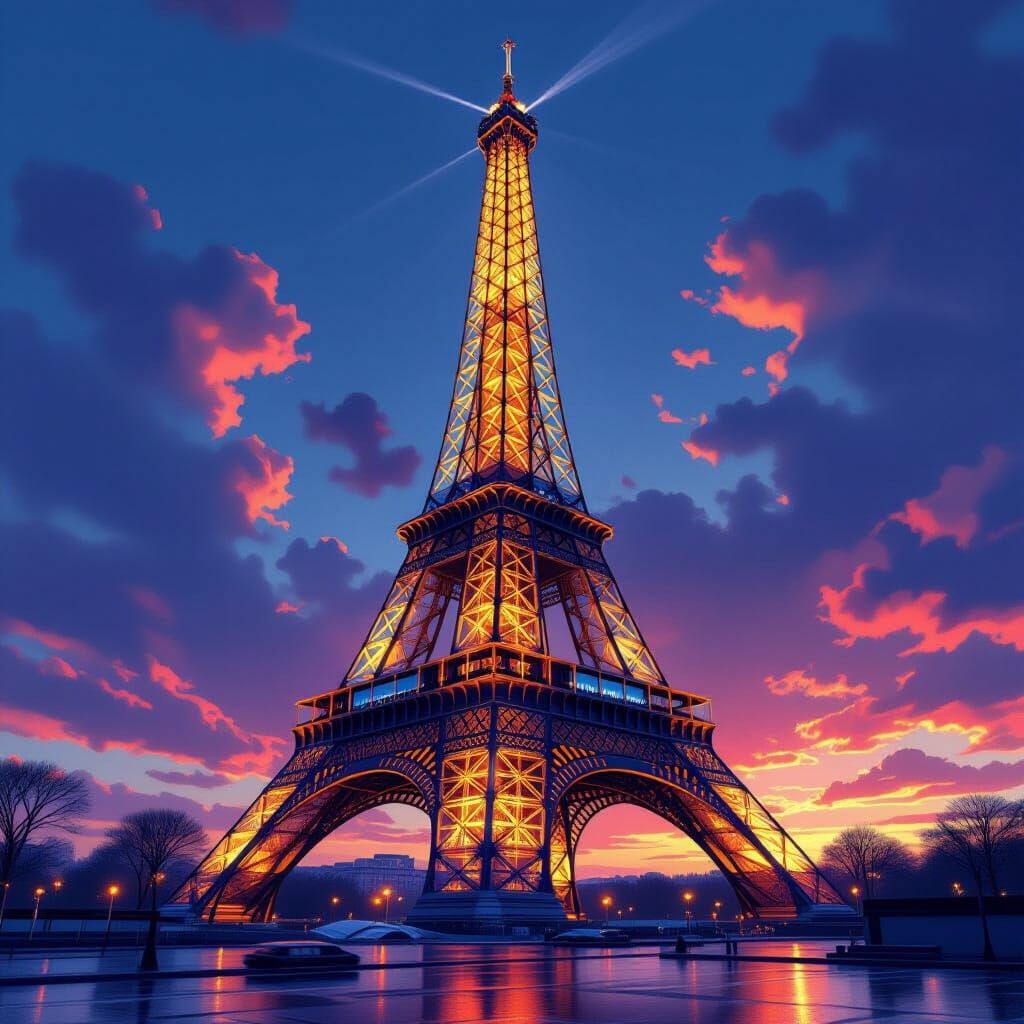 Hyperrealistic Eiffel Tower in Dramatic Splash Art Style