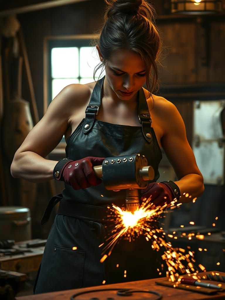 Female Blacksmith in Mysterious Industrial Landscape
