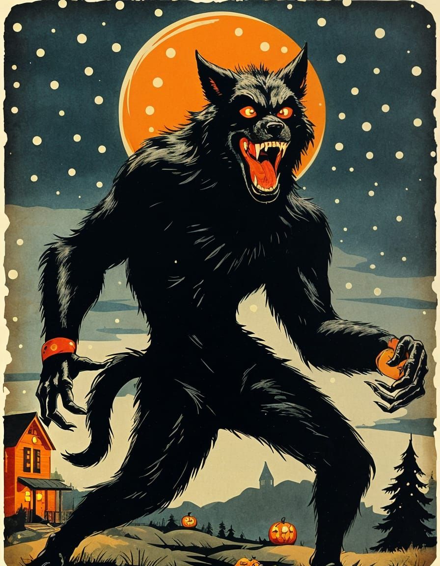 Vintage Werewolf Halloween Postcard with Ben-Day Dots