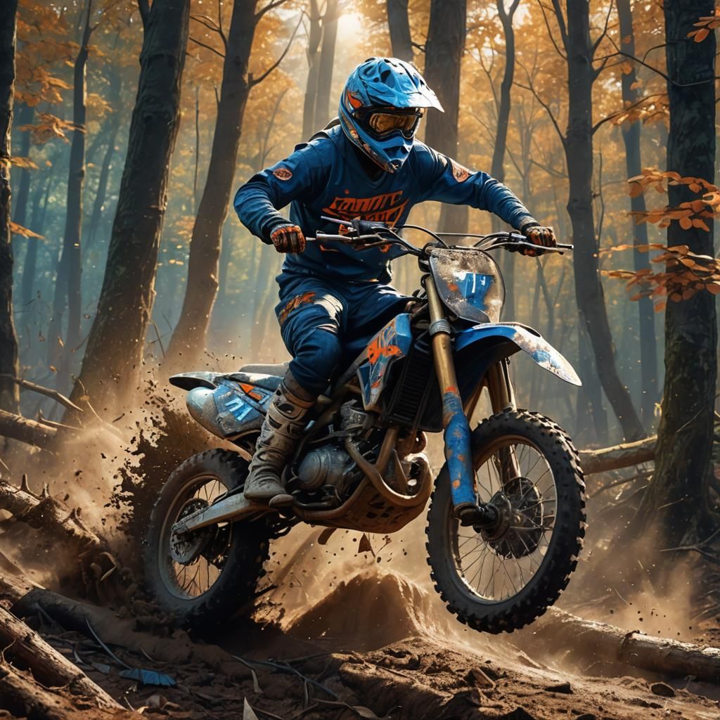 Dirt Bike in Mystical Woods Scene, Fantasy Art