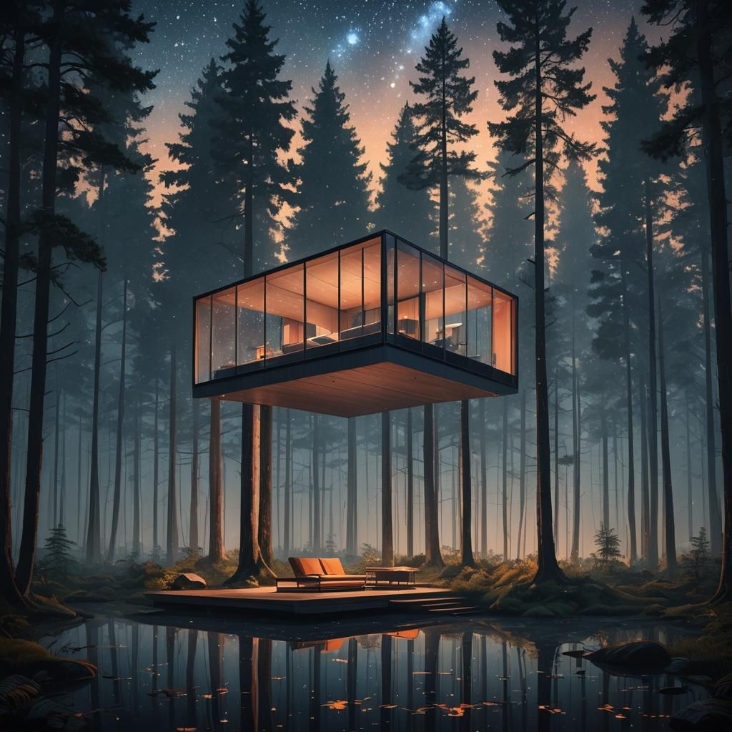 Minimalist Glass Cabin in Forest: Hyper-Realistic Matte Pain...