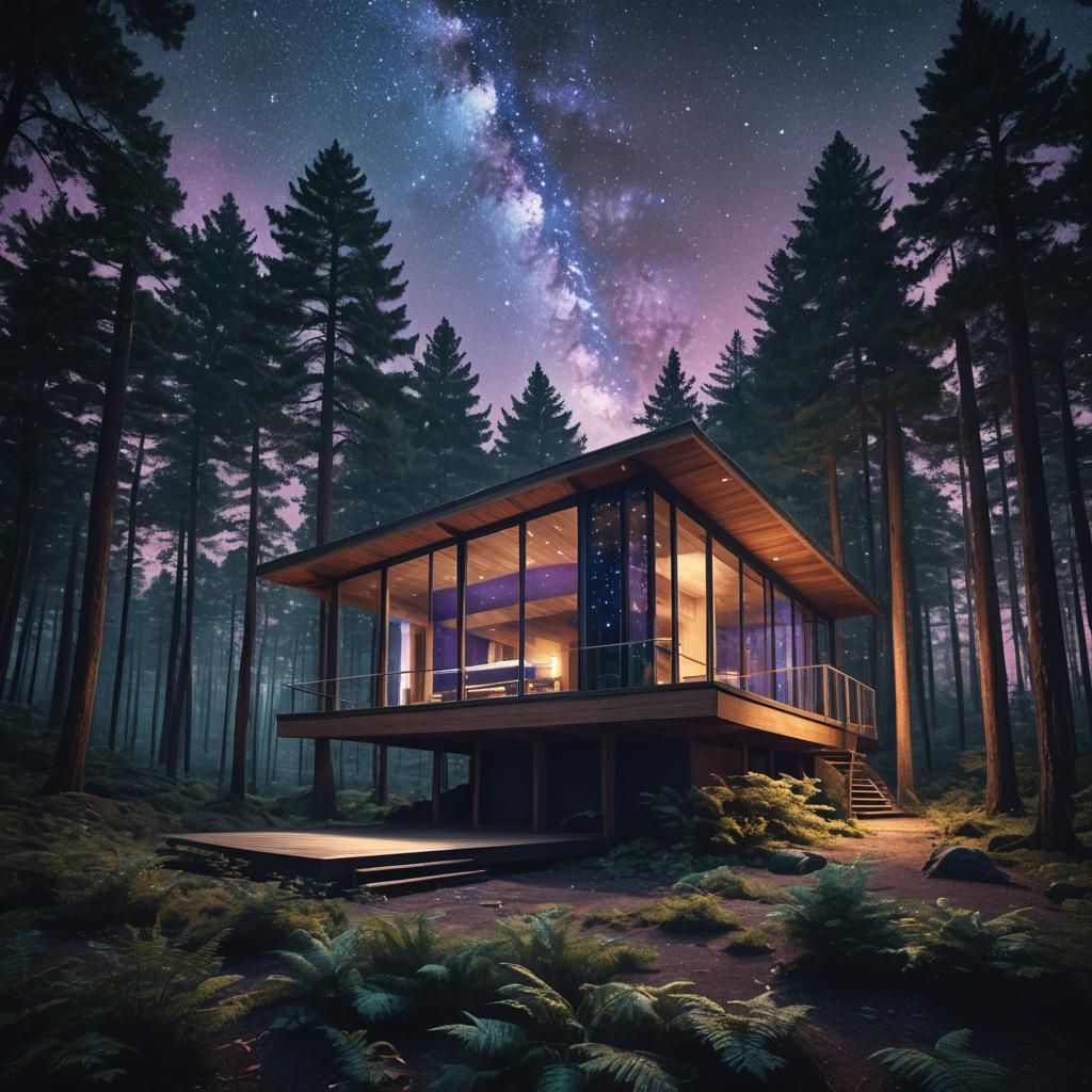 Mid-Century Modern Cabin Under Starry Sky