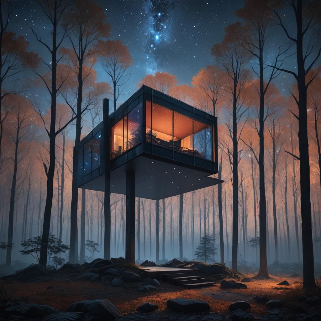 Glass Cabin Under Starry Sky: Photorealistic Forest Scene